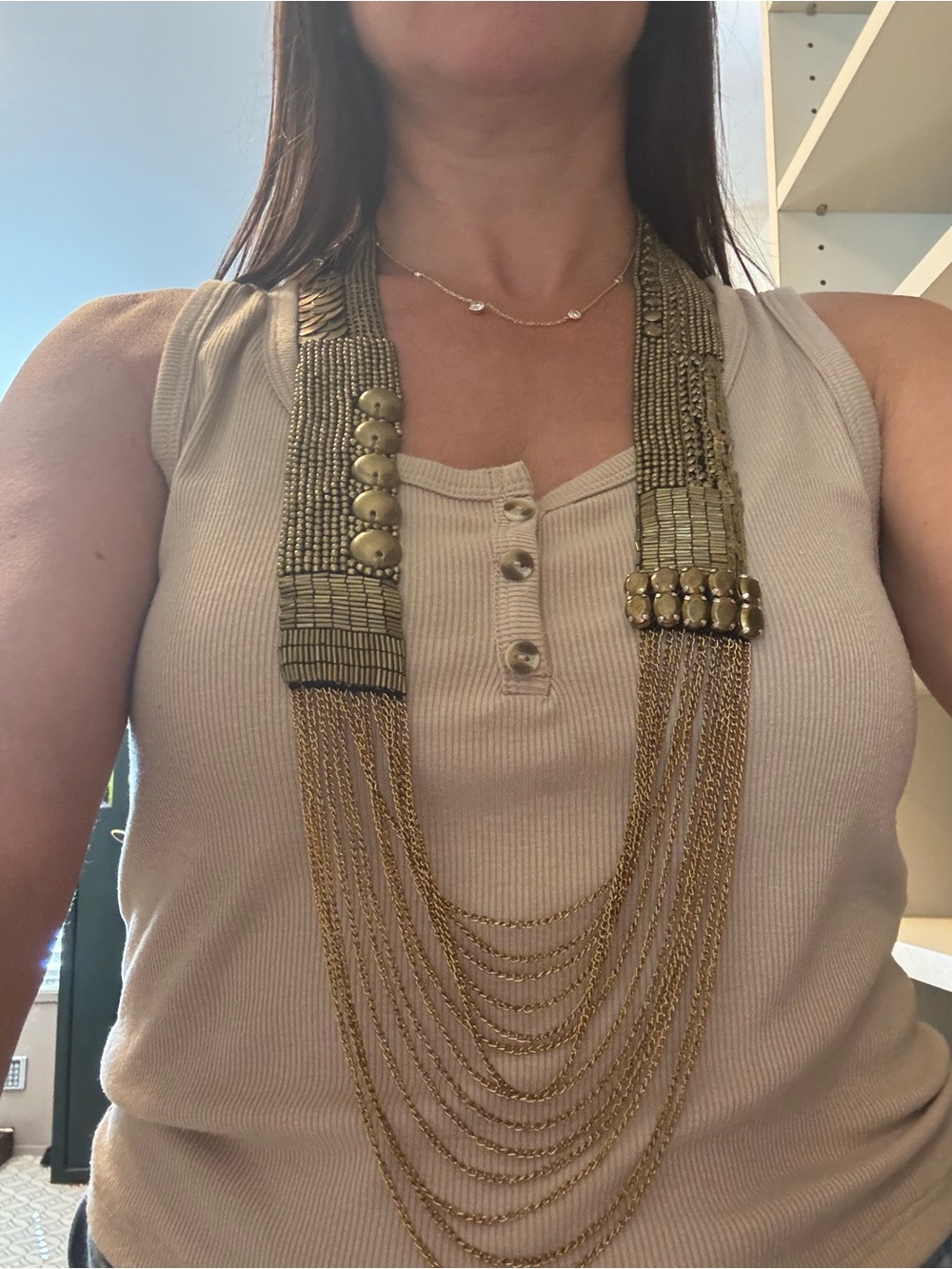 Matte Gold Multi-Strand Woven Bead & Chain Necklace - Chic Statement - Picture 2 of 3